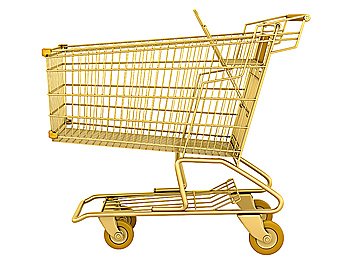 golden empty shopping cart isolated on white background