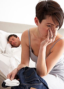 Suspicious Wife Finding Receipt In Husband´s Pocket Whilst He Sleeps