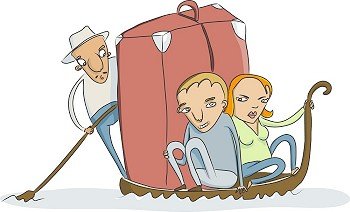 vector sketch of couple with a little to much luggage on traditional venice gondola