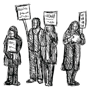 sketch of a group of people protesting with signs