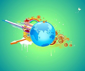 Vector illustration of funky abstract background with globe, flowers, arrows and circles