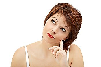 The attractive woman thinking on a white background