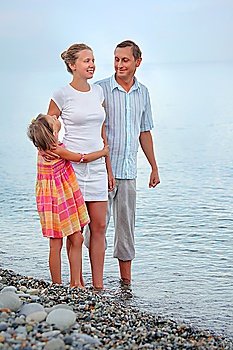 Happy family with little girl standing on beach in evening, looking at mother