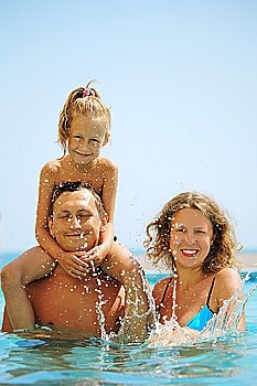 happy family in pool. Daughter sits on fathers shoulder. splashing water.