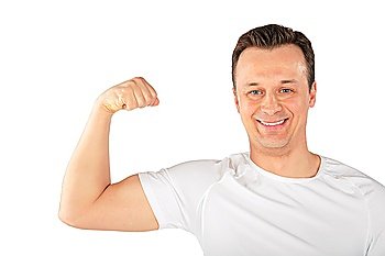 man shows biceps