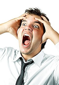 young office worker mad by stress screaming isolated on white