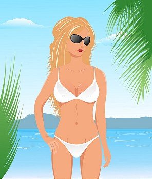Illustration pretty blonde girl on beach - vector