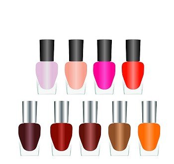 Bottles of nail polish in various bright colors on a white background. Vector