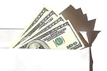 dollars in the envelope on the white backgrounds