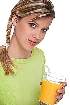 Woman holding glass of orange juice on white background