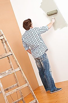 Home improvement: Young man with paint roller and ladder