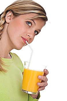 Blond woman drinking orange juice on white background