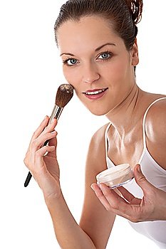 Body care series - Young beautiful woman with make-up brush on white background