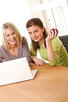 Two smiling girls watching laptop