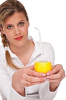 Woman holding lemon on white background, focus on hands