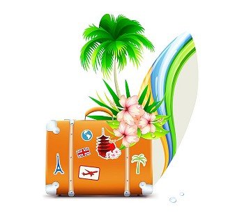 Vector illustration of funky summer  background with palm tree, hibiscus flowers, surfboard and vintage suitcase