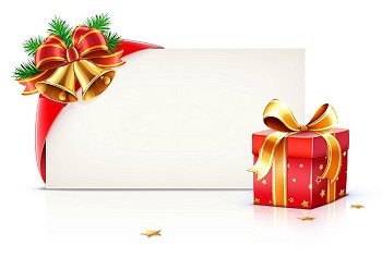 Vector illustration of shiny red gift ribbon wrapped around a rectangle like a present or letter with Christmas elements