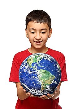 asian boy holding earth palnet isolated on white