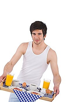 Breakfast - young man holding tray with breakfast on white background