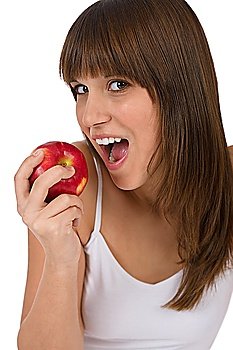 Female teenager eat apple for breakfast on white background
