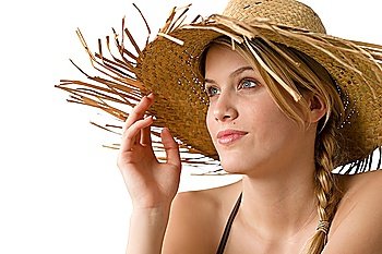 Beach - Happy woman in bikini with straw hat on white background