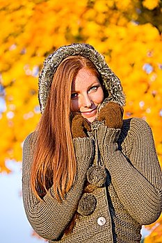 Autumn sunset park - red hair woman fashion in nature