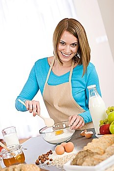 Baking - Smiling woman with healthy ingredients prepare organic dough