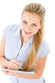 Portrait of happy student woman write notes on white background
