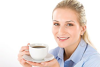 Cheerful young woman with coffee on white background