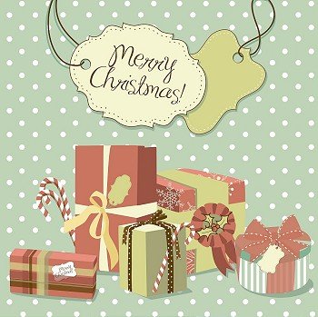 Sweet Christmas card in retro style. A pile of christmas gifts
