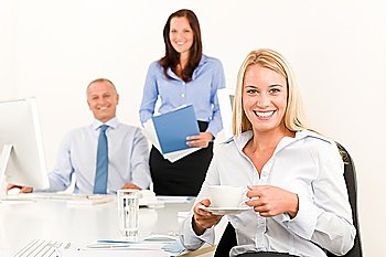 Business team pretty businesswoman drink coffee happy colleagues around table
