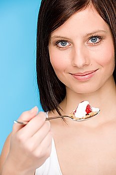 Healthy lifestyle - portrait of woman eat cereal yogurt with spoon