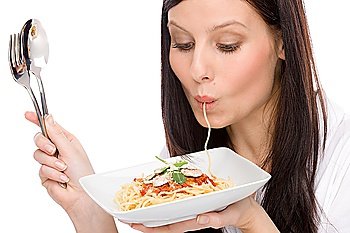 Italian food - portrait of healthy woman eat spaghetti with sauce