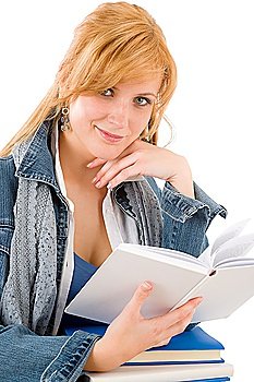Student young woman hold book on white