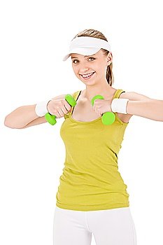 Fitness teenager woman with dumbbell in sportive outfit