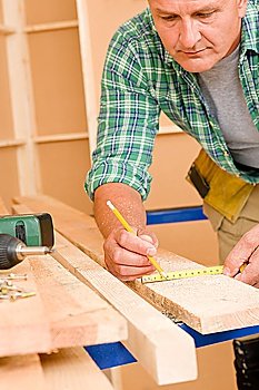 Handyman home improvement close-up of measure wooden board with ruler