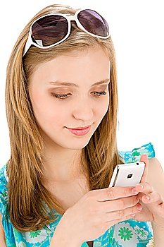 Teenager woman with mobile phone wear summer dress