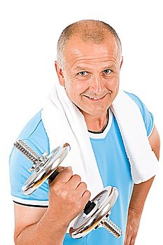 Portrait of happy fit mature man working out with dumbbells