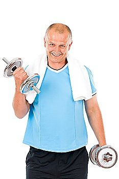 Portrait of happy fit mature man working out with dumbbells