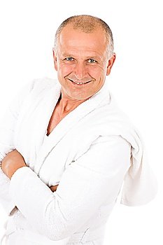Portrait of mature man wear bathrobe hold towel isolated