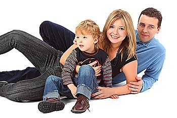 Happy parents with son laying