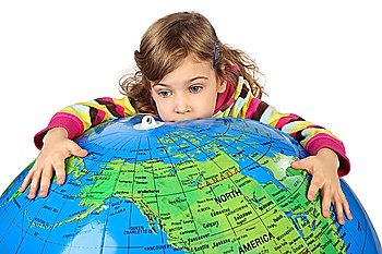 sad little girl embracing big inflatable globe and looking at side isolated on white