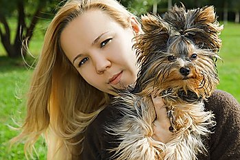 young girl in sunny summer day holding yorkshire terrier. focus on dog