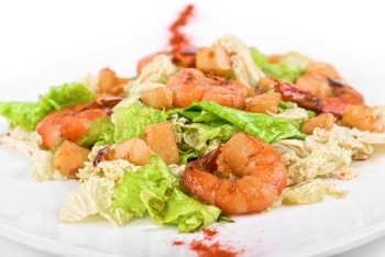 Salad with shrimps and vegetable close up