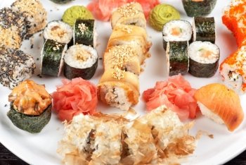 view of closeup japanese sushi set at plate