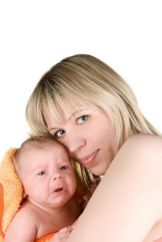 happy mother with baby boy isolated on a white