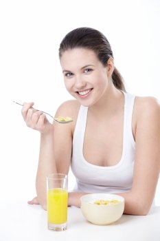 Attractive young woman lunching on white background