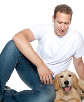 man with dog golden retriever purebred puppy isolated on white