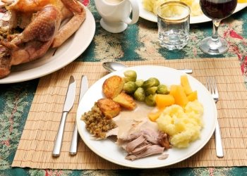 A traditional festive dinner of turkey, roast and boiled potatoes, brussels´ sprout, swede, stuffing and gravy