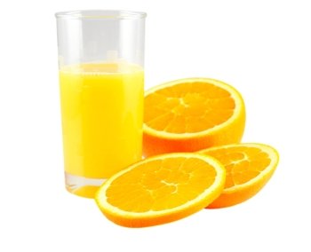 slices of orange and orange juice over white